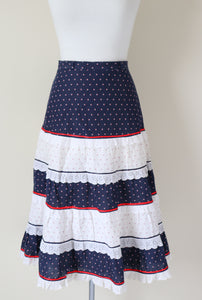 Prairie Skirt - Vintage 1970s - Blue /White / Red  Tiered - XS - UK 8