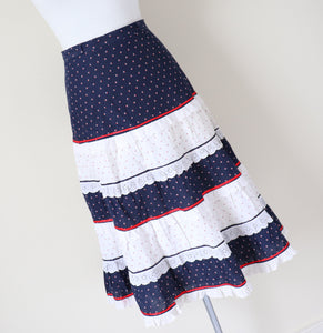 Prairie Skirt - Vintage 1970s - Blue /White / Red  Tiered - XS - UK 8