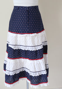 Prairie Skirt - Vintage 1970s - Blue /White / Red  Tiered - XS - UK 8