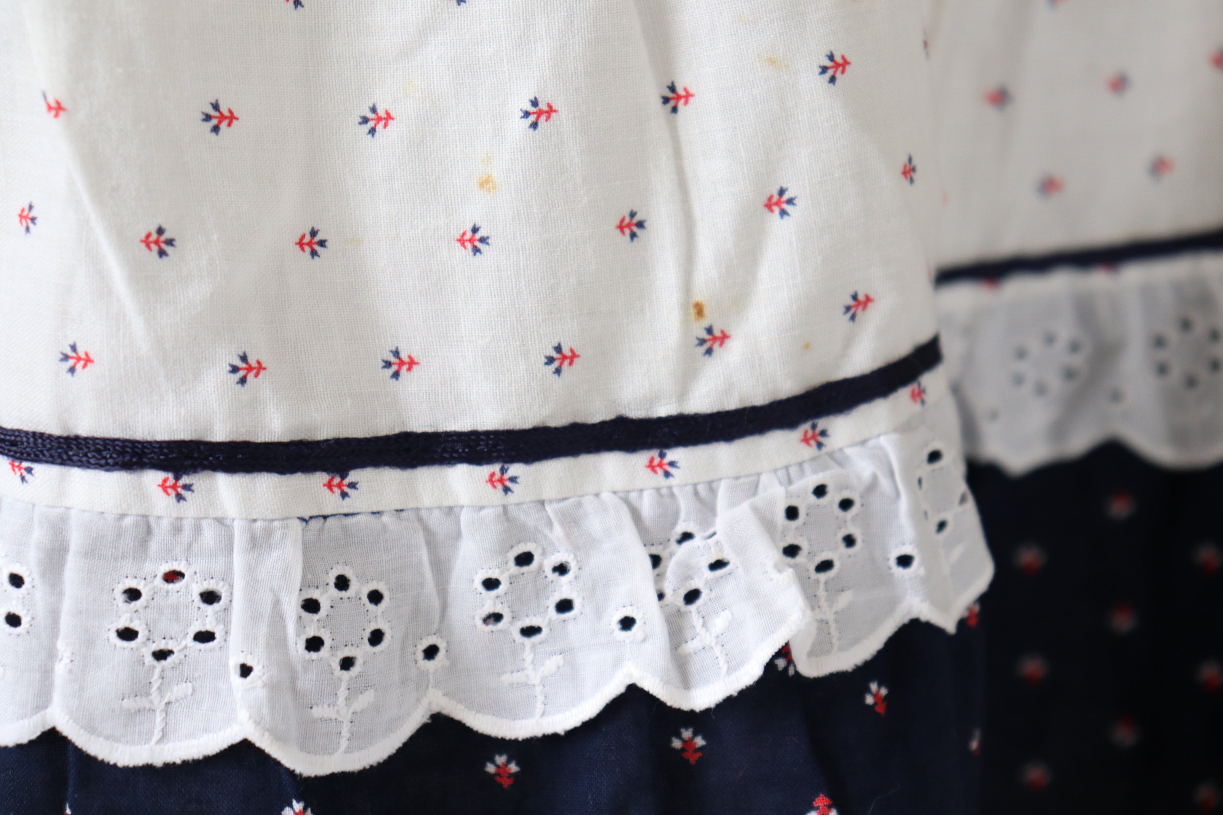 Prairie Skirt - Vintage 1970s - Blue /White / Red  Tiered - XS - UK 8