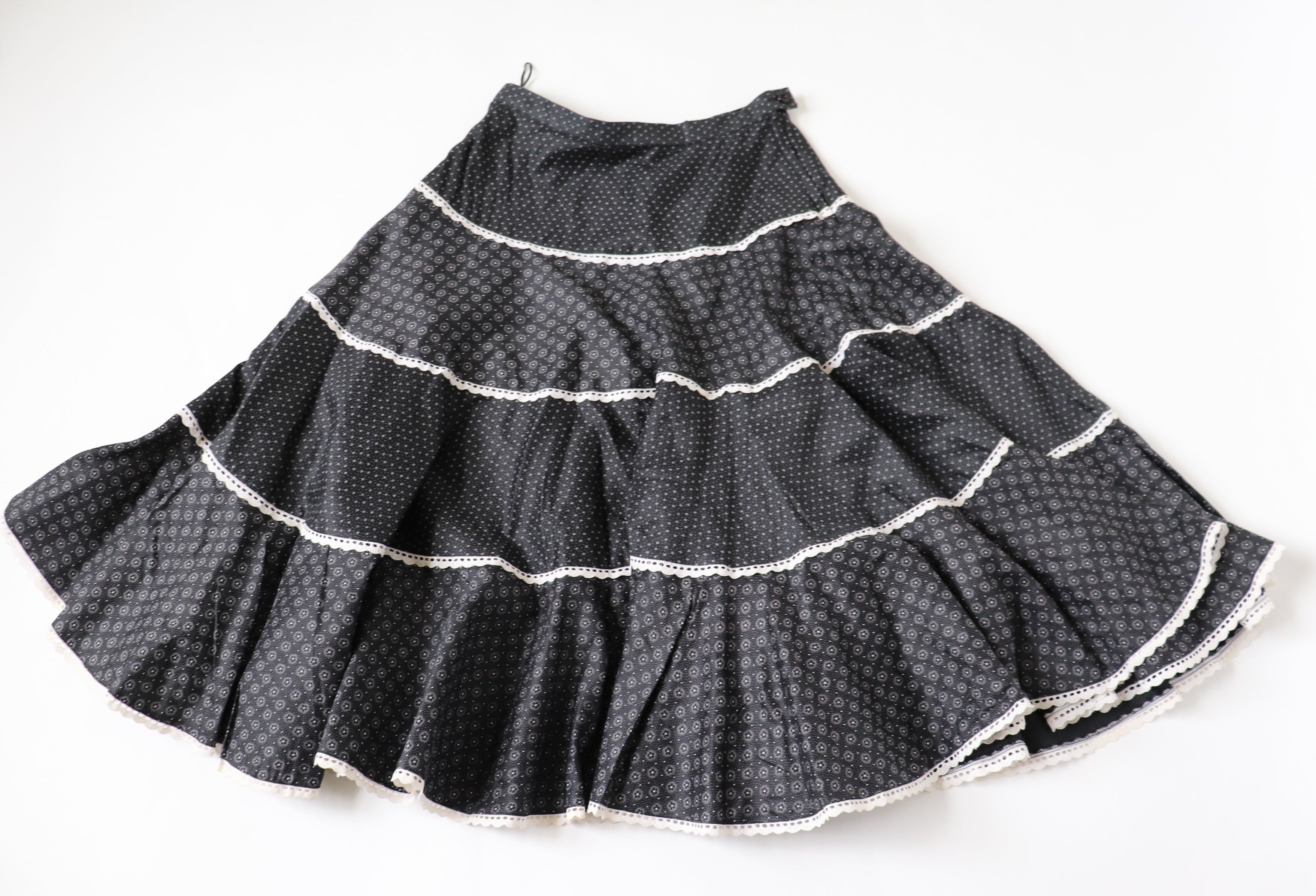 Ackermann Cotton  Prairie  Skirt - Vintage - Tiered - Black - XS / S - UK 8 / 10