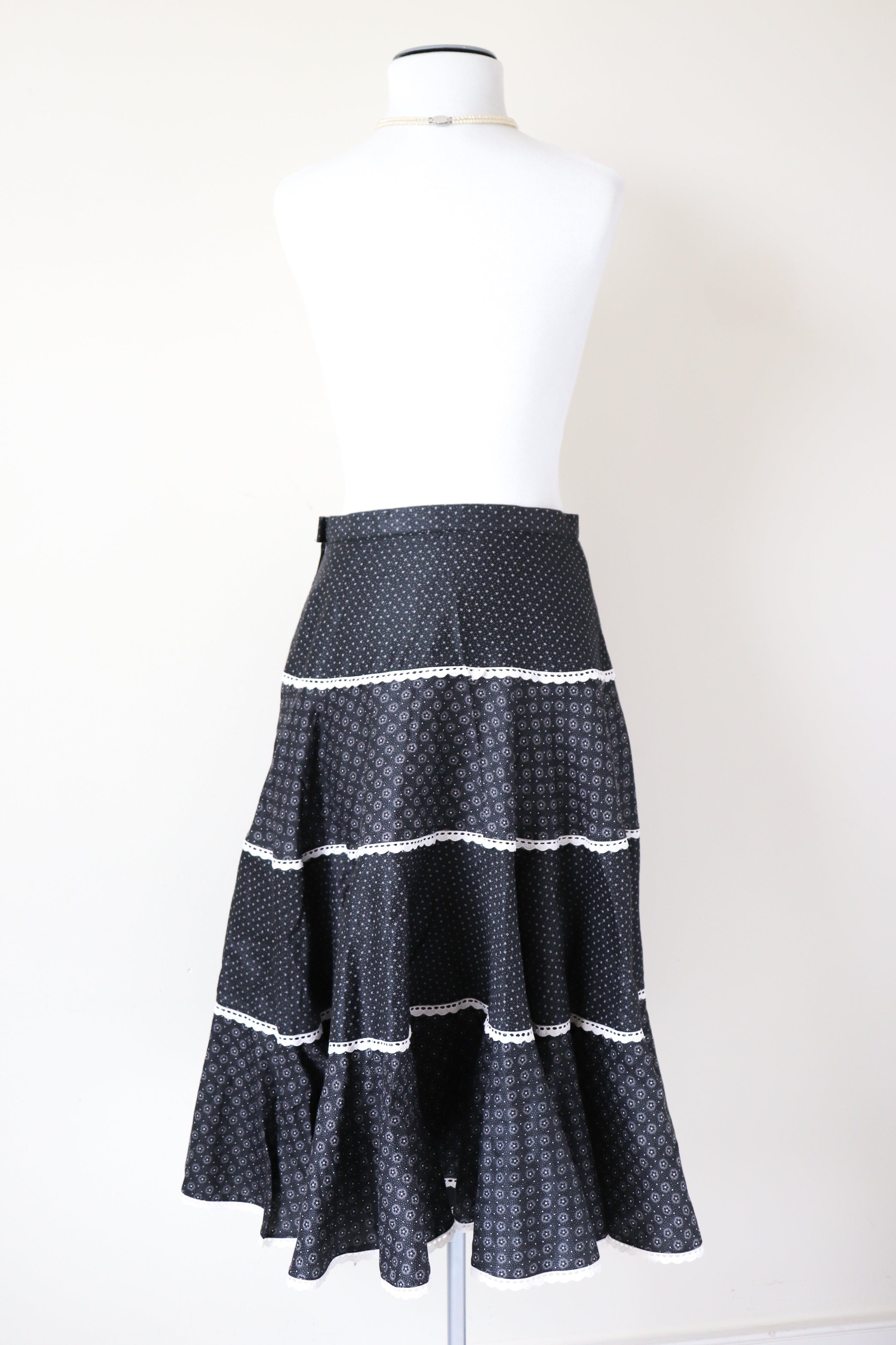 Ackermann Cotton  Prairie  Skirt - Vintage - Tiered - Black - XS / S - UK 8 / 10