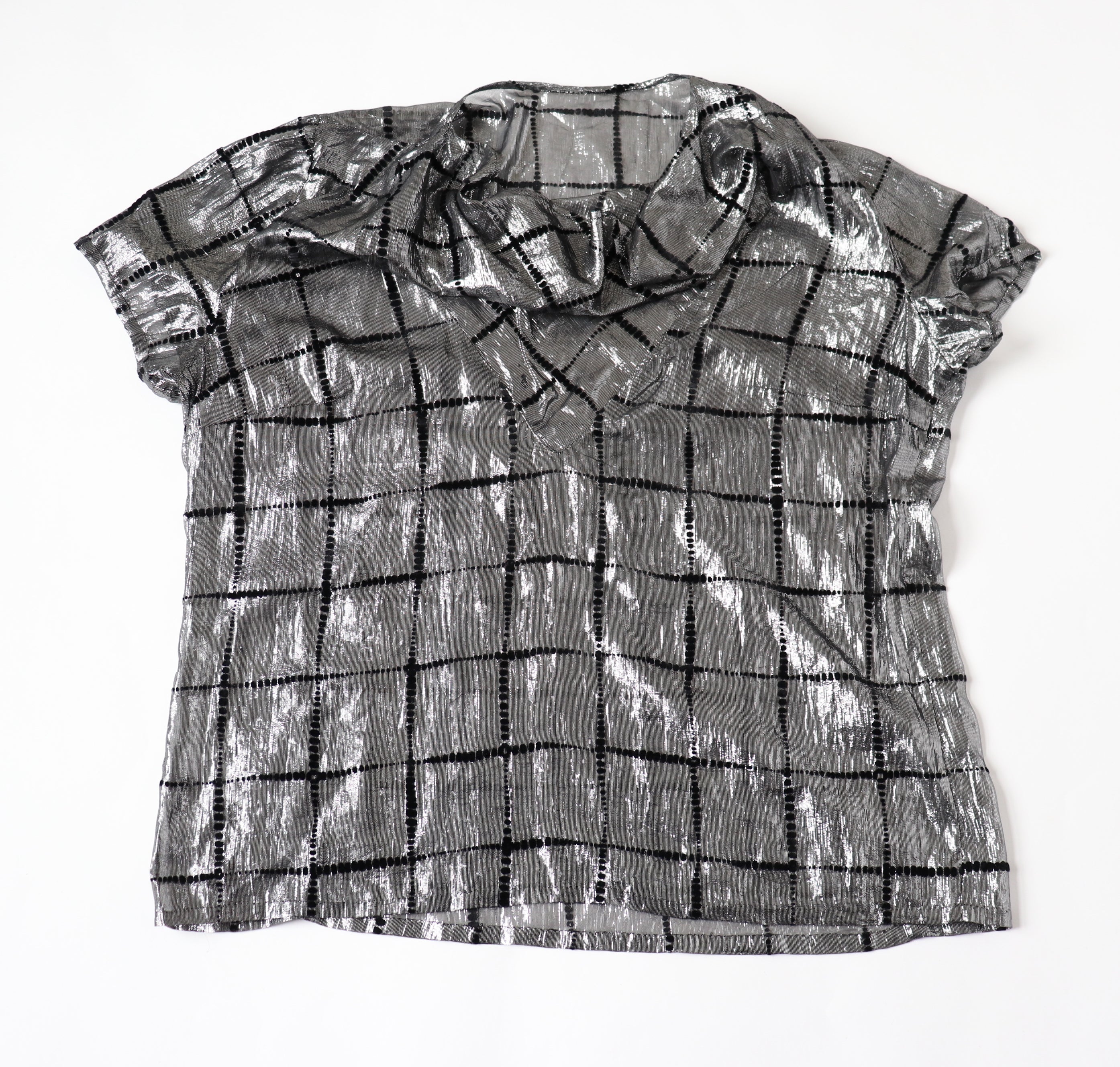 Silver Lamé /  Black Vintage 80's Top - See-Through - L / UK 14