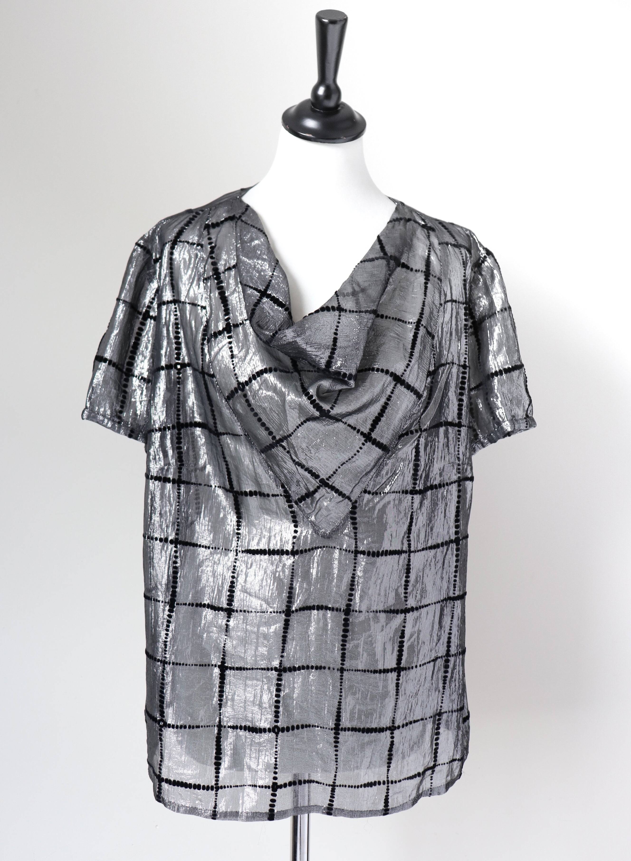 Silver Lamé /  Black Vintage 80's Top - See-Through - L / UK 14