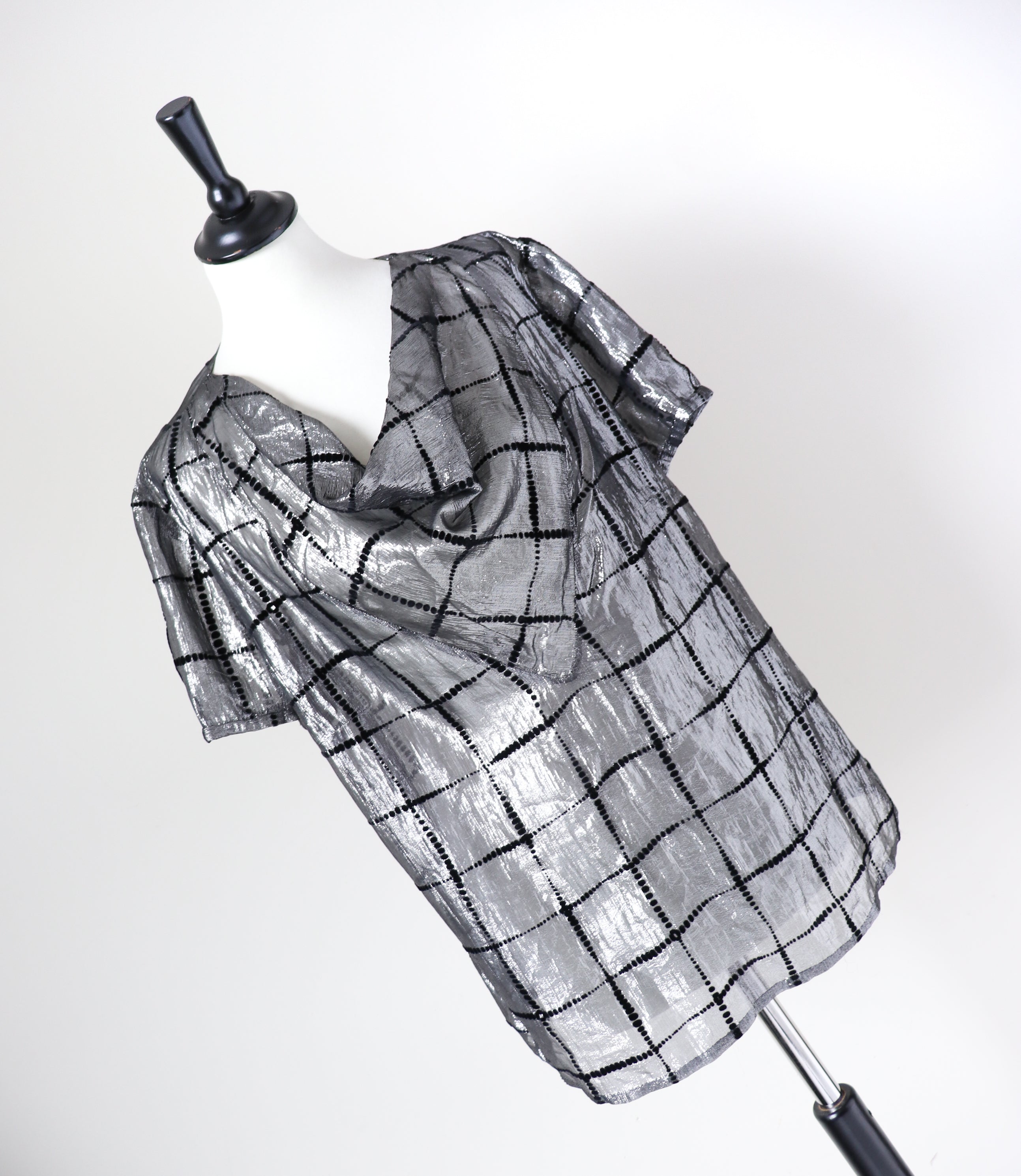 Silver Lamé /  Black Vintage 80's Top - See-Through - L / UK 14