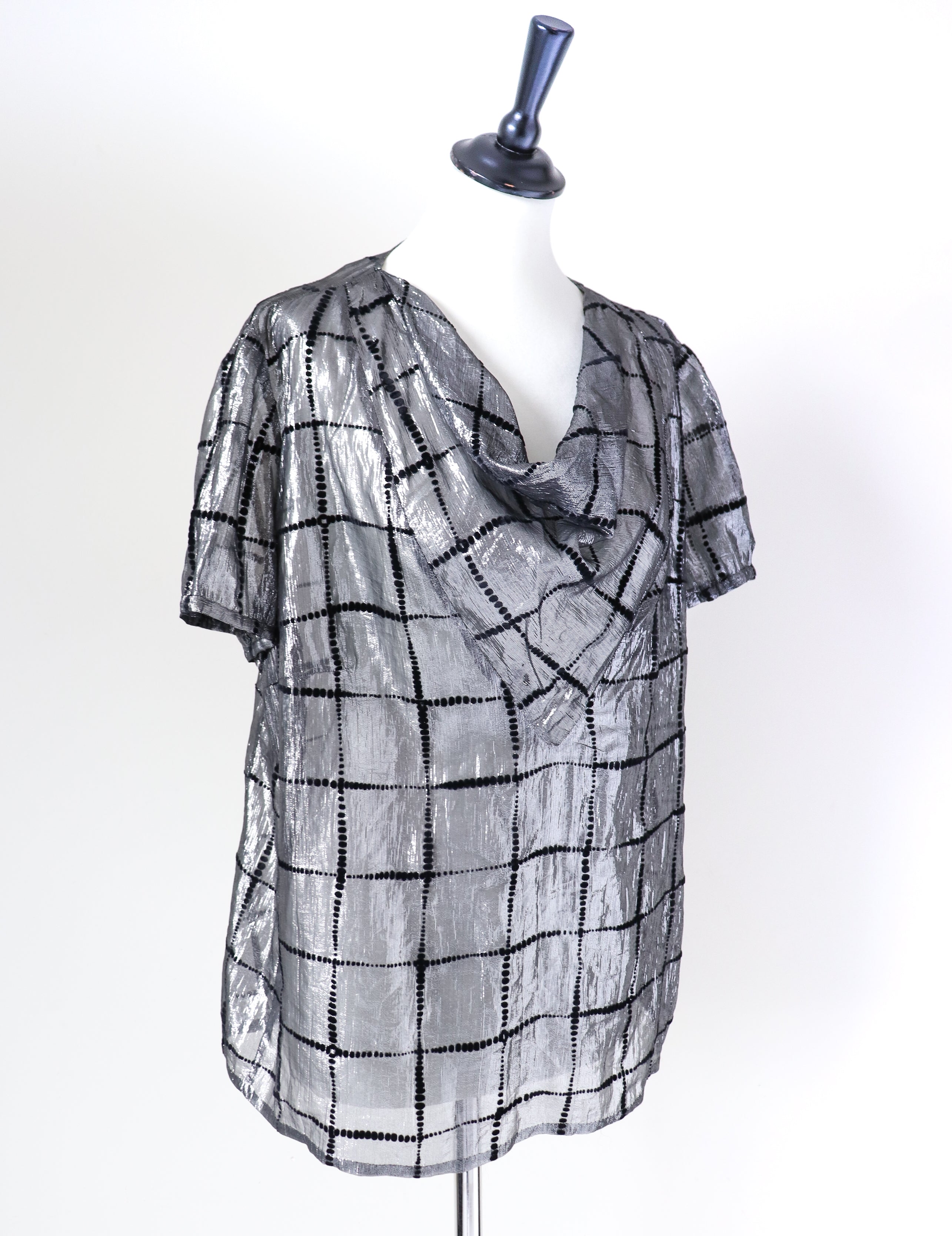 Silver Lamé /  Black Vintage 80's Top - See-Through - L / UK 14