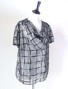 Silver Lamé /  Black Vintage 80's Top - See-Through - L / UK 14