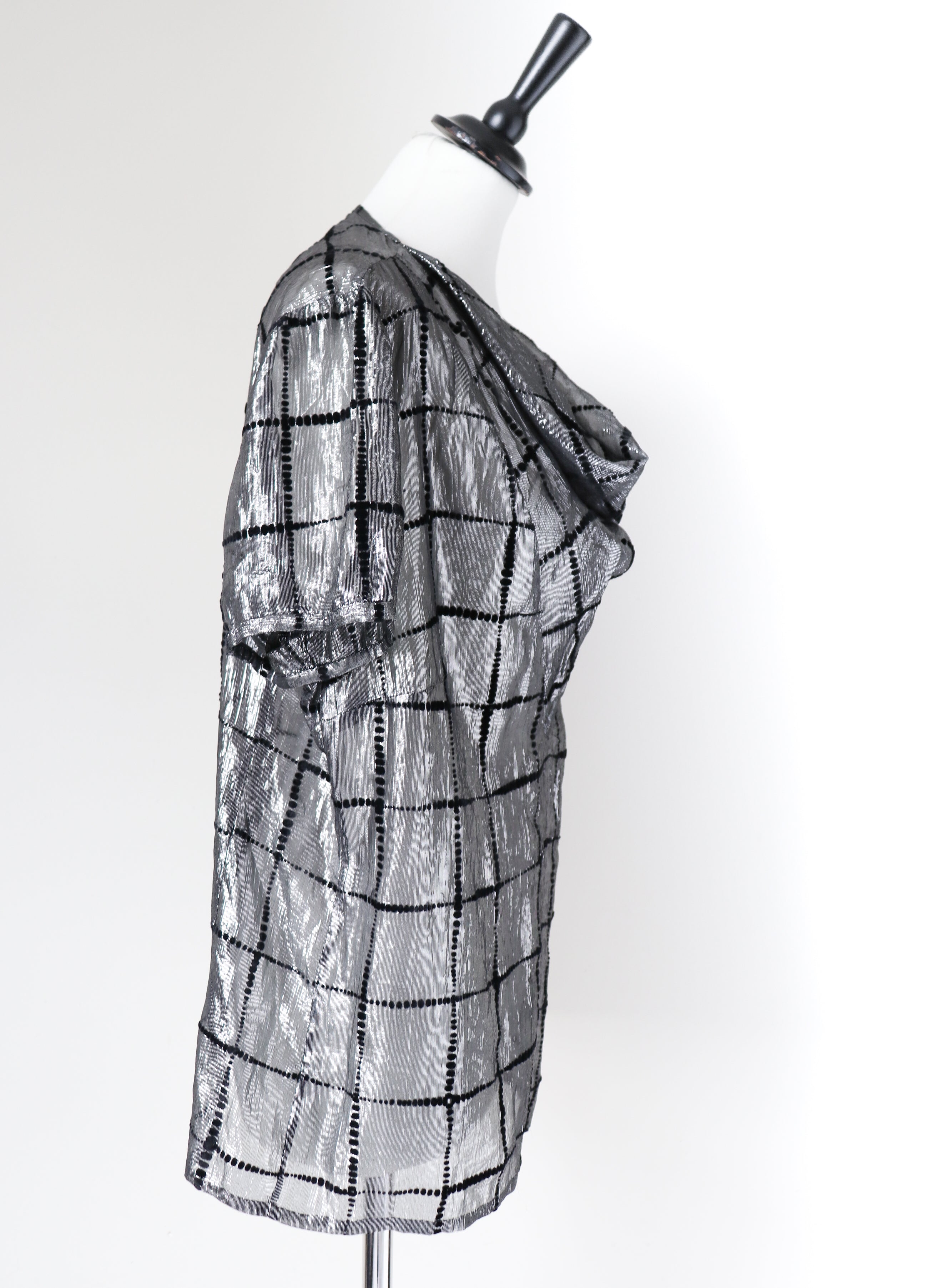 Silver Lamé /  Black Vintage 80's Top - See-Through - L / UK 14