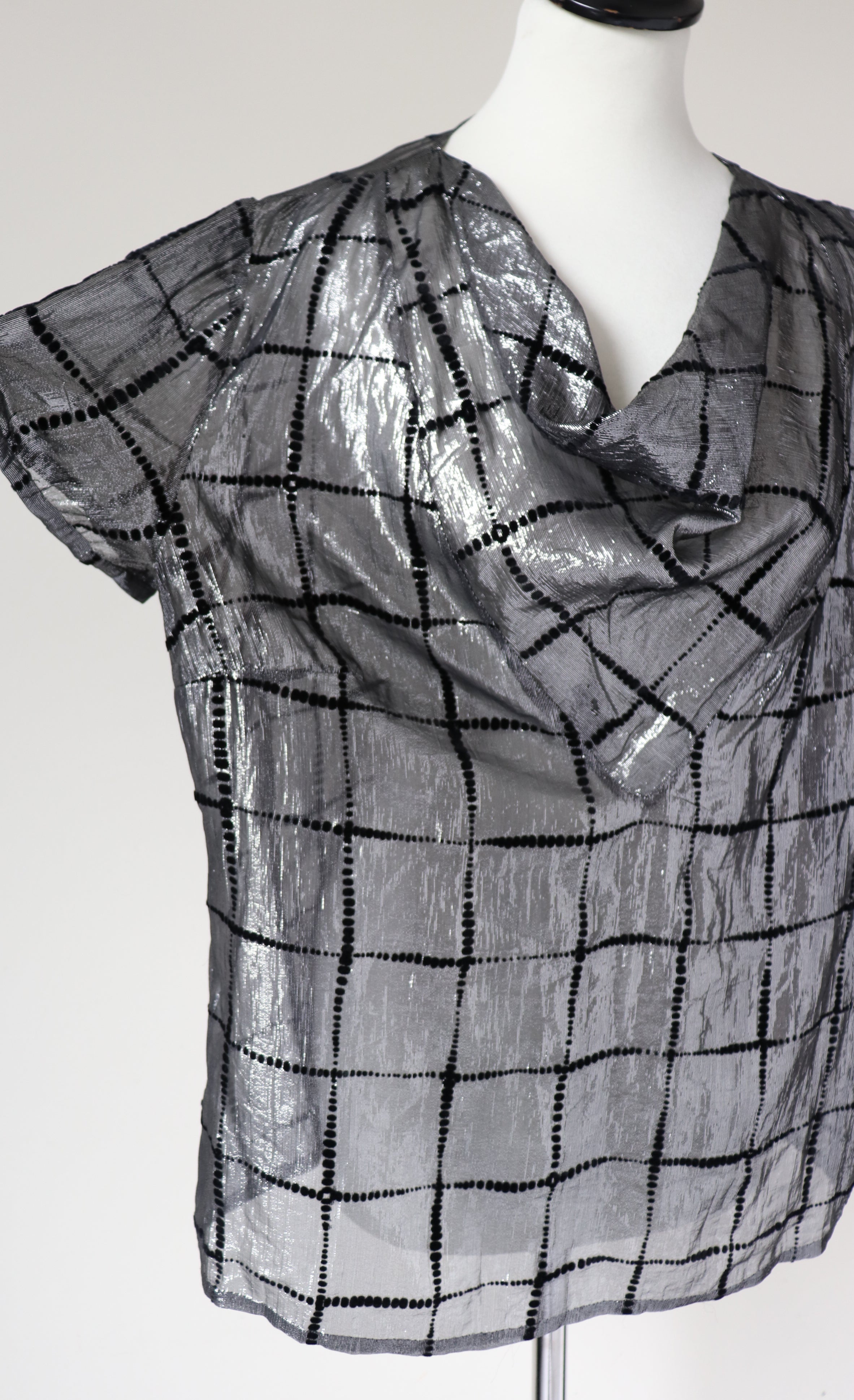 Silver Lamé /  Black Vintage 80's Top - See-Through - L / UK 14