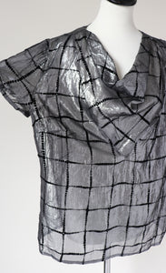 Silver Lamé /  Black Vintage 80's Top - See-Through - L / UK 14