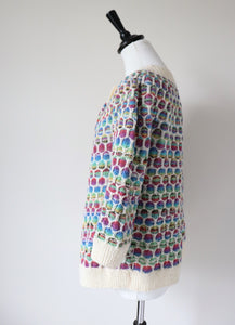 Vintage Hand Knit Cardigan - Wool Blend - Cream / Multis - M/ UK 12