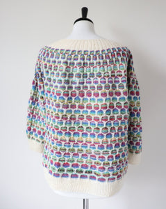 Vintage Hand Knit Cardigan - Wool Blend - Cream / Multis - M/ UK 12