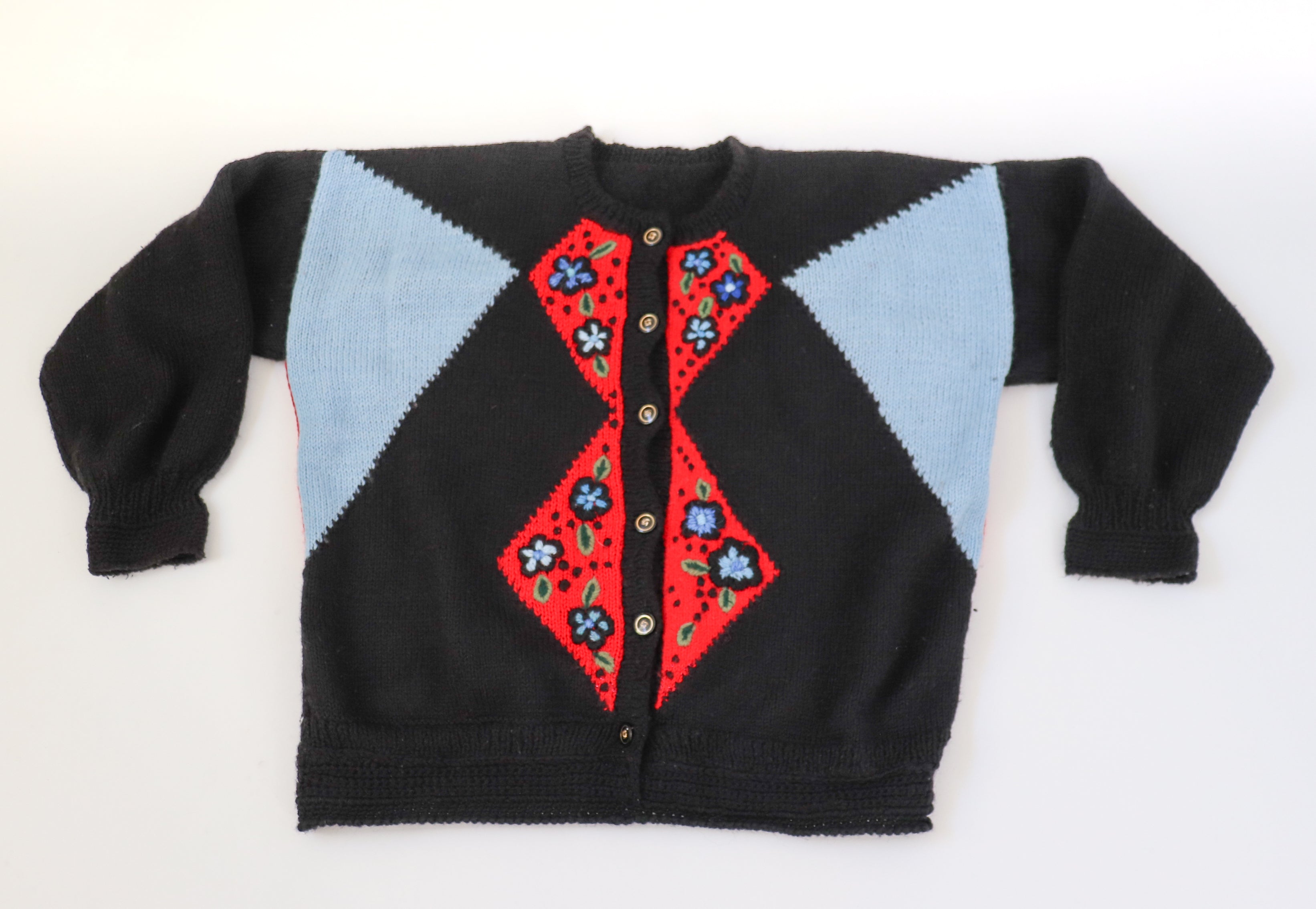 Vintage Cardigan - 1980s - Tyrol / Oktoberfest Style - Black / Red - UK 10