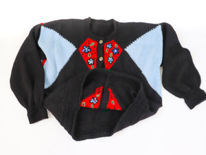 Vintage Cardigan - 1980s - Tyrol / Oktoberfest Style - Black / Red - UK 10