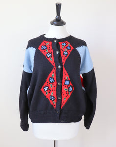 Vintage Cardigan - 1980s - Tyrol / Oktoberfest Style - Black / Red - UK 10