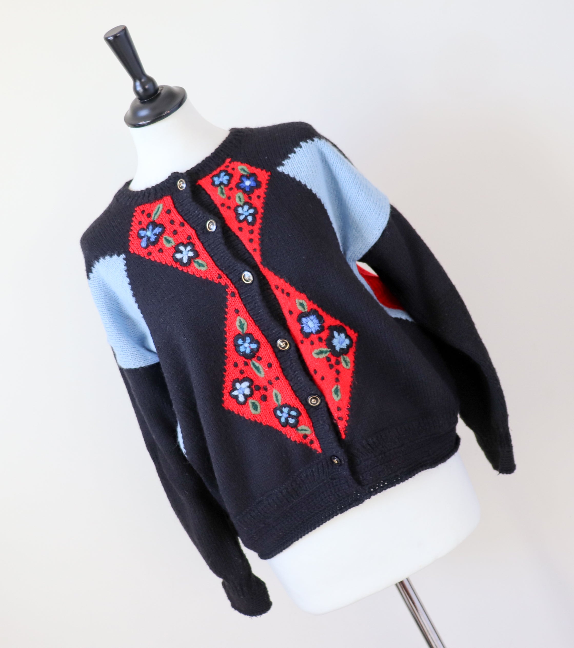 Vintage Cardigan - 1980s - Tyrol / Oktoberfest Style - Black / Red - UK 10