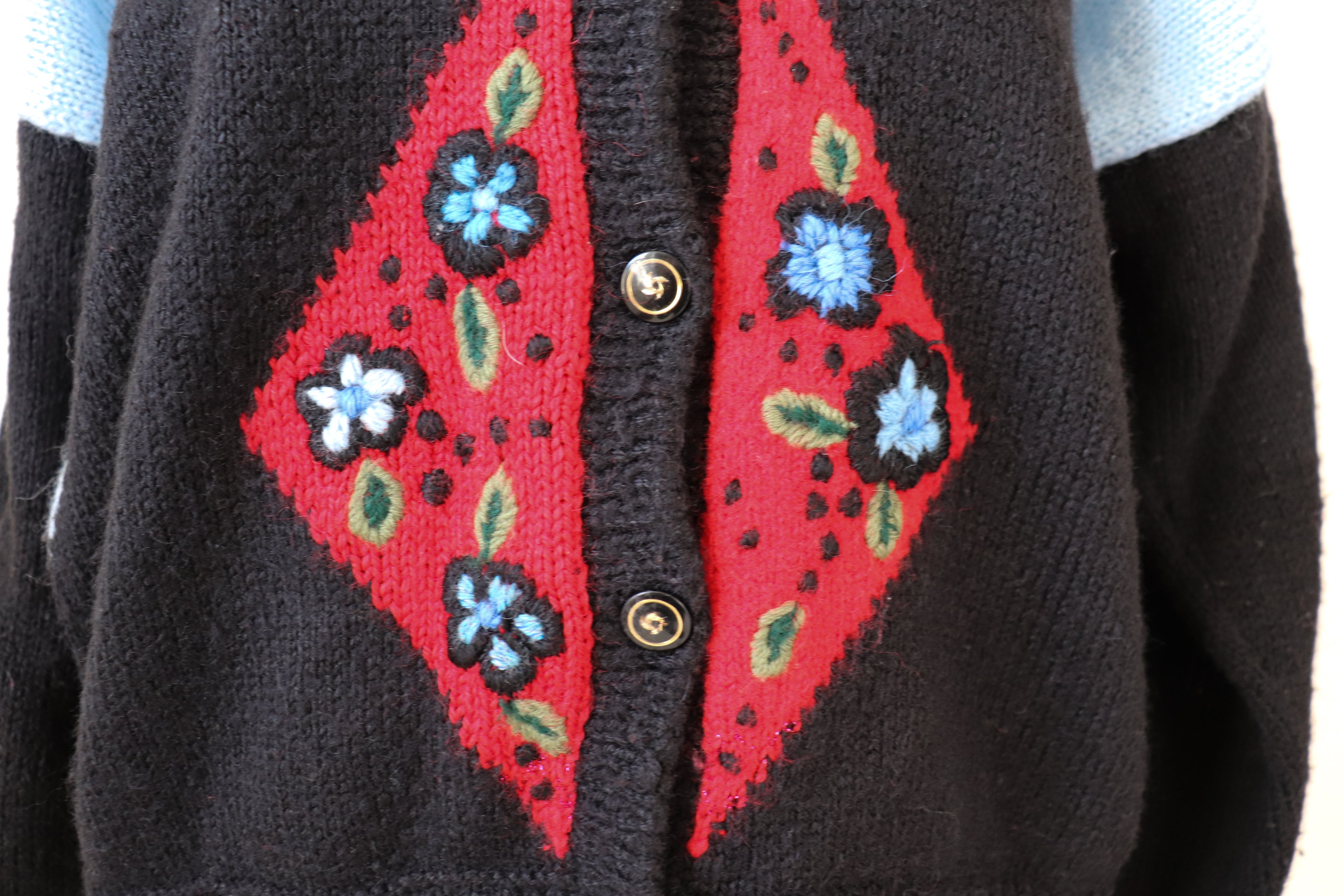 Vintage Cardigan - 1980s - Tyrol / Oktoberfest Style - Black / Red - UK 10