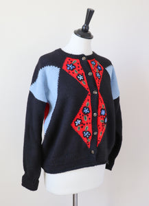 Vintage Cardigan - 1980s - Tyrol / Oktoberfest Style - Black / Red - UK 10