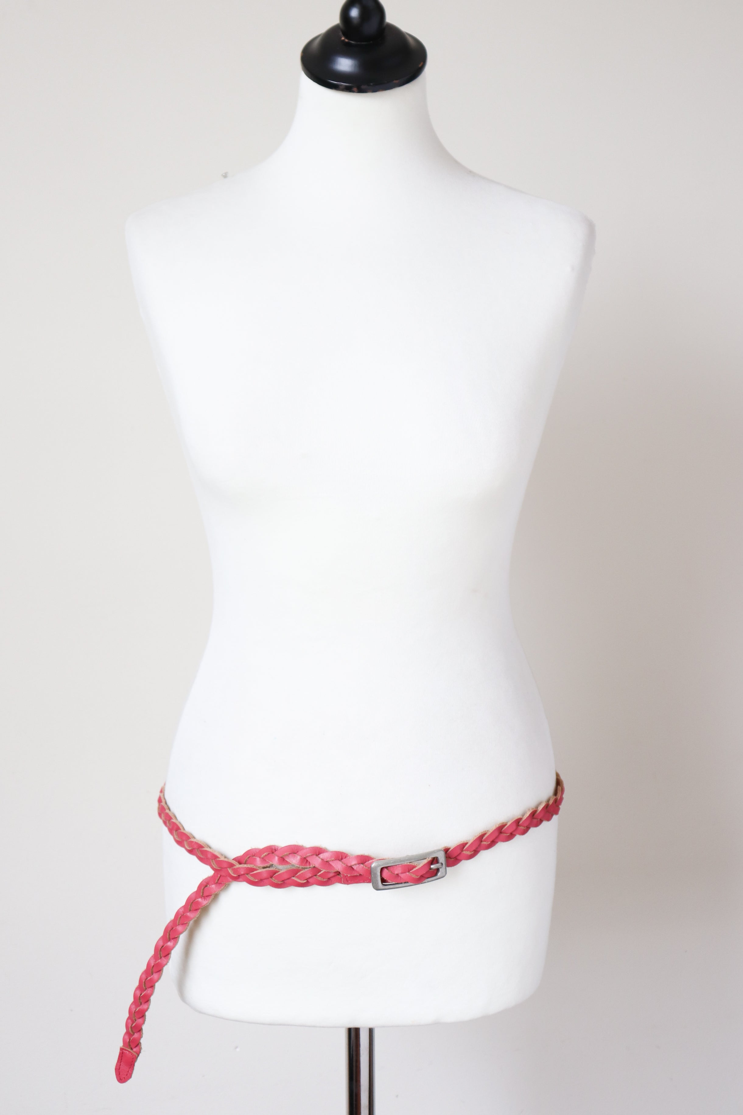 Skinny Plaited Belt - Pink FAUX Leather - 1980s Vintage - X Long - Freesize / Large