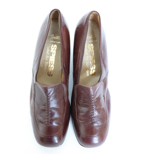 SPIESS  Vintage Heel Loafers - Brown Leather - 1970s - Fit 39.5 / UK 6.5