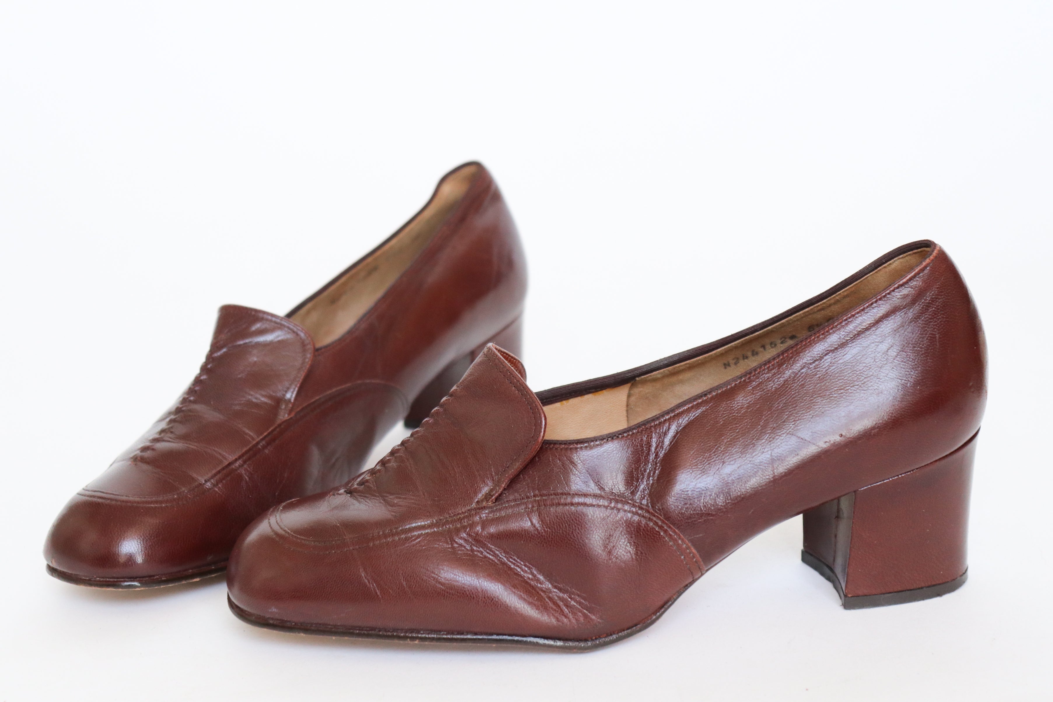 SPIESS  Vintage Heel Loafers - Brown Leather - 1970s - Fit 39.5 / UK 6.5