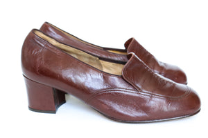 SPIESS  Vintage Heel Loafers - Brown Leather - 1970s - Fit 39.5 / UK 6.5