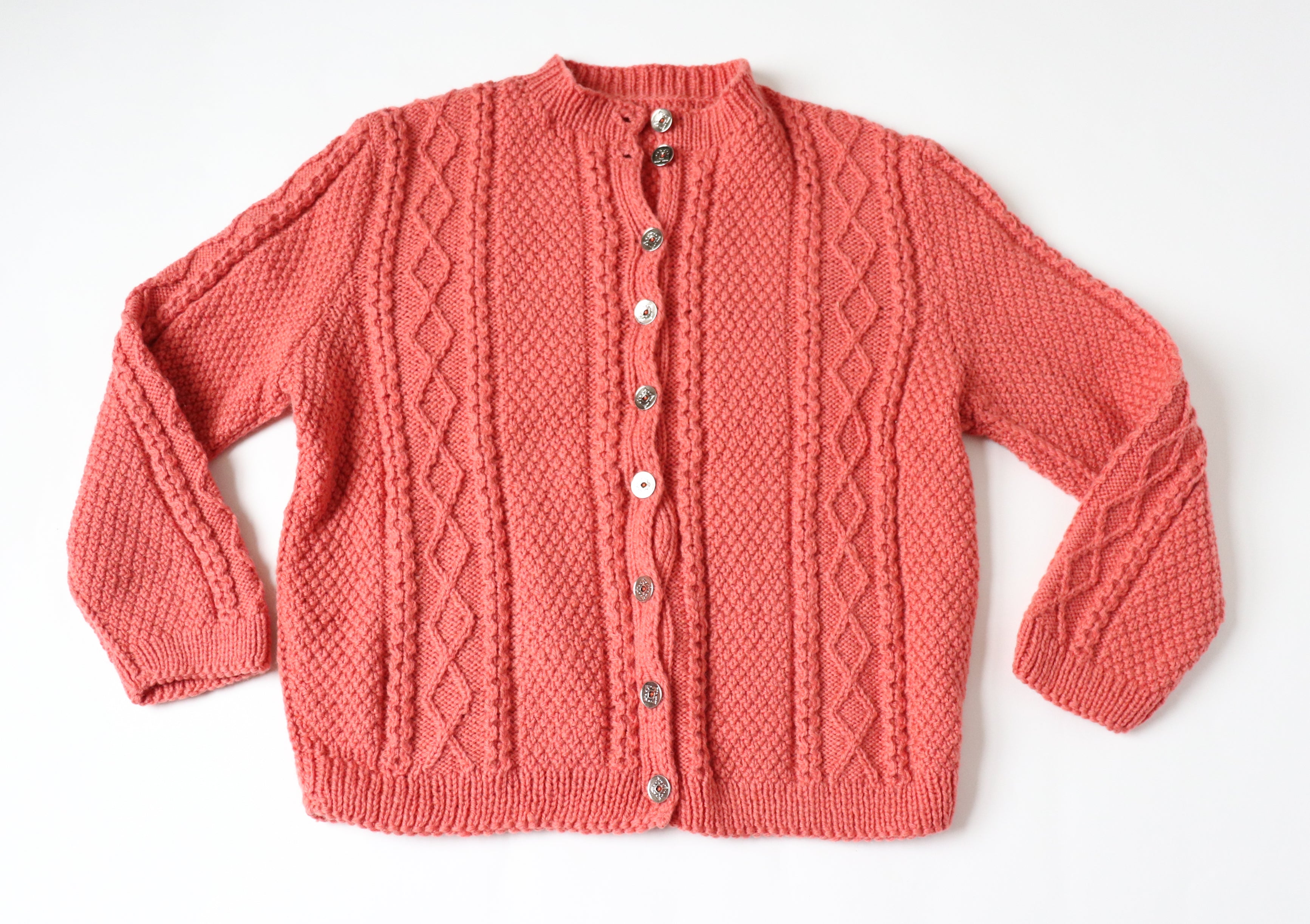 Coral Orange Cable Knit Vintage Cardigan - 1960s - Wool Blend - M / UK 12