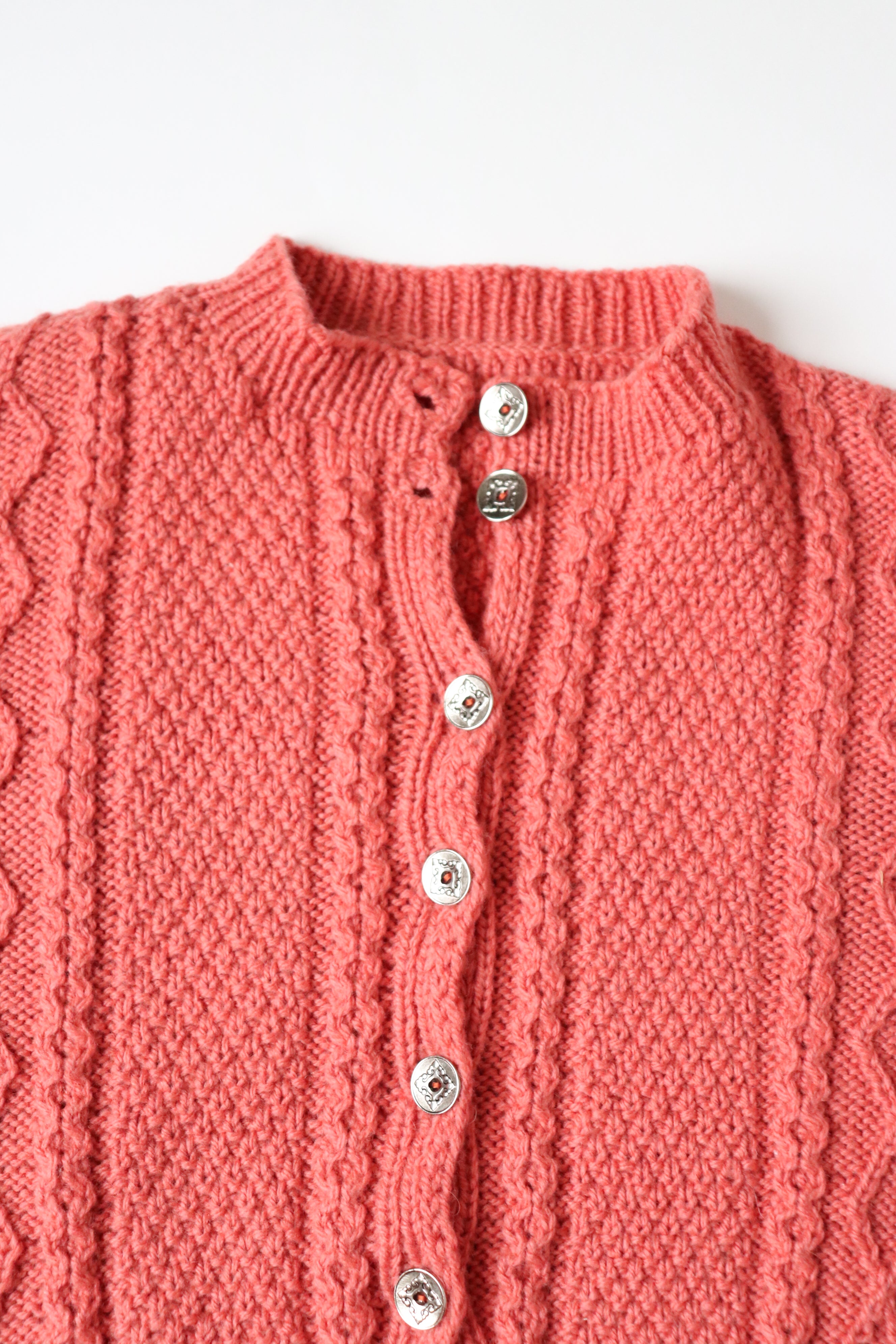 Coral Orange Cable Knit Vintage Cardigan - 1960s - Wool Blend - M / UK 12