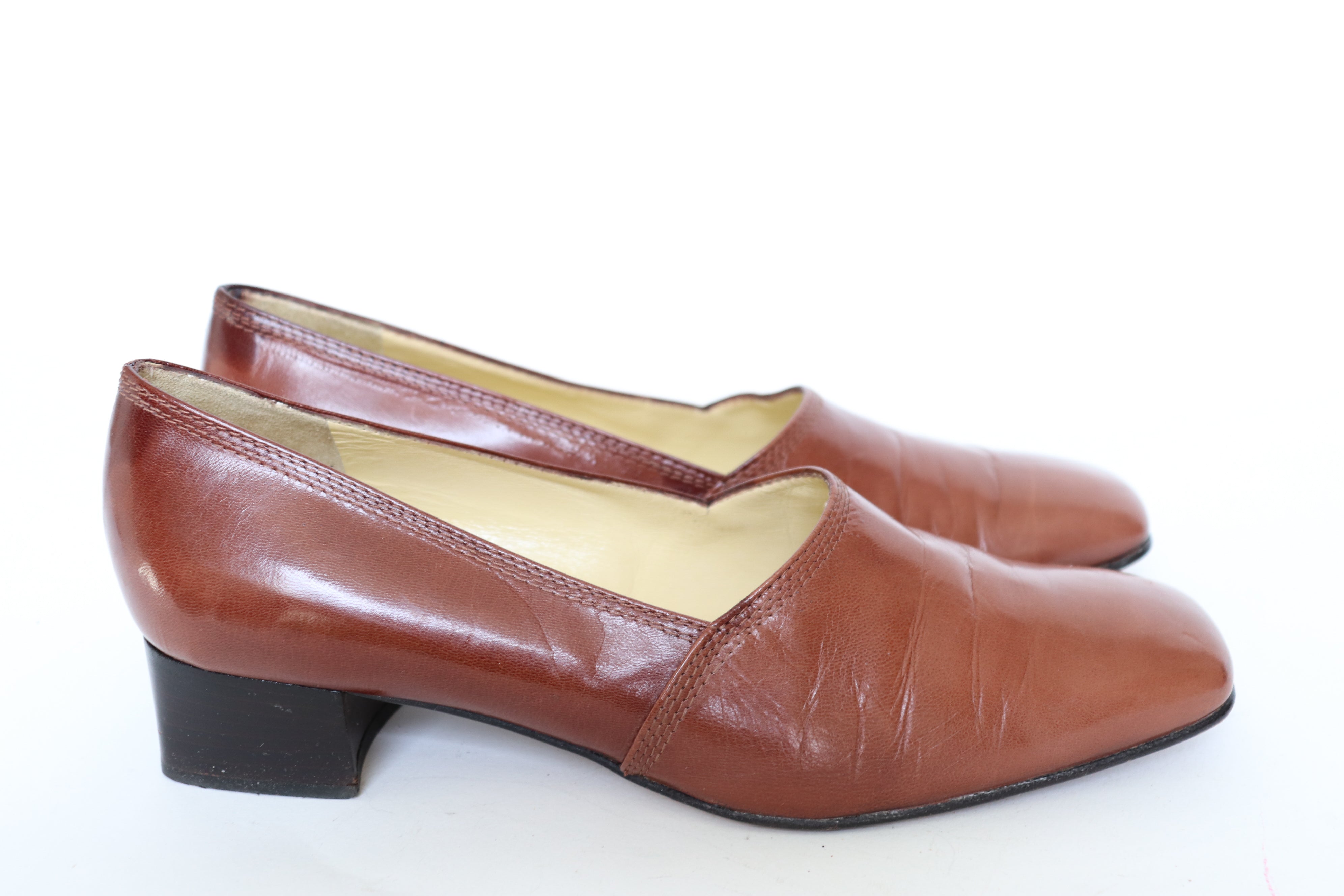 Vintage Mid Heel Loafers / Pumps - Brown Leather - NICOL - Fit Narrow 39 / UK 6