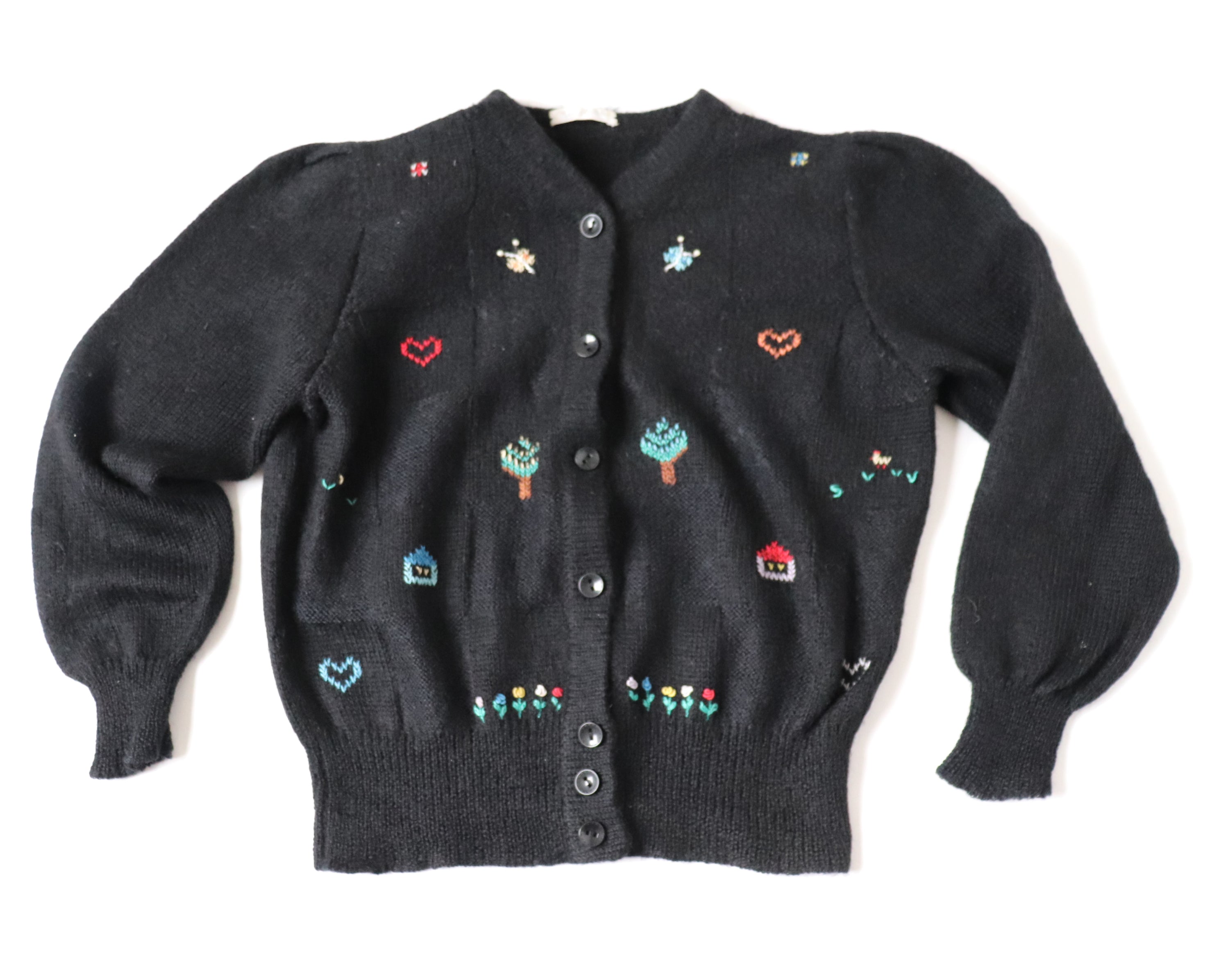 Black Knitted Vintage Cardigan - Wool - Embroidered Tyrol Motifs - UK 10/12