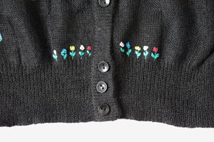 Black Knitted Vintage Cardigan - Wool - Embroidered Tyrol Motifs - UK 10/12