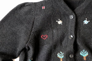 Black Knitted Vintage Cardigan - Wool - Embroidered Tyrol Motifs - UK 10/12