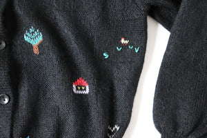 Black Knitted Vintage Cardigan - Wool - Embroidered Tyrol Motifs - UK 10/12