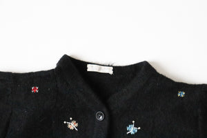 Black Knitted Vintage Cardigan - Wool - Embroidered Tyrol Motifs - UK 10/12