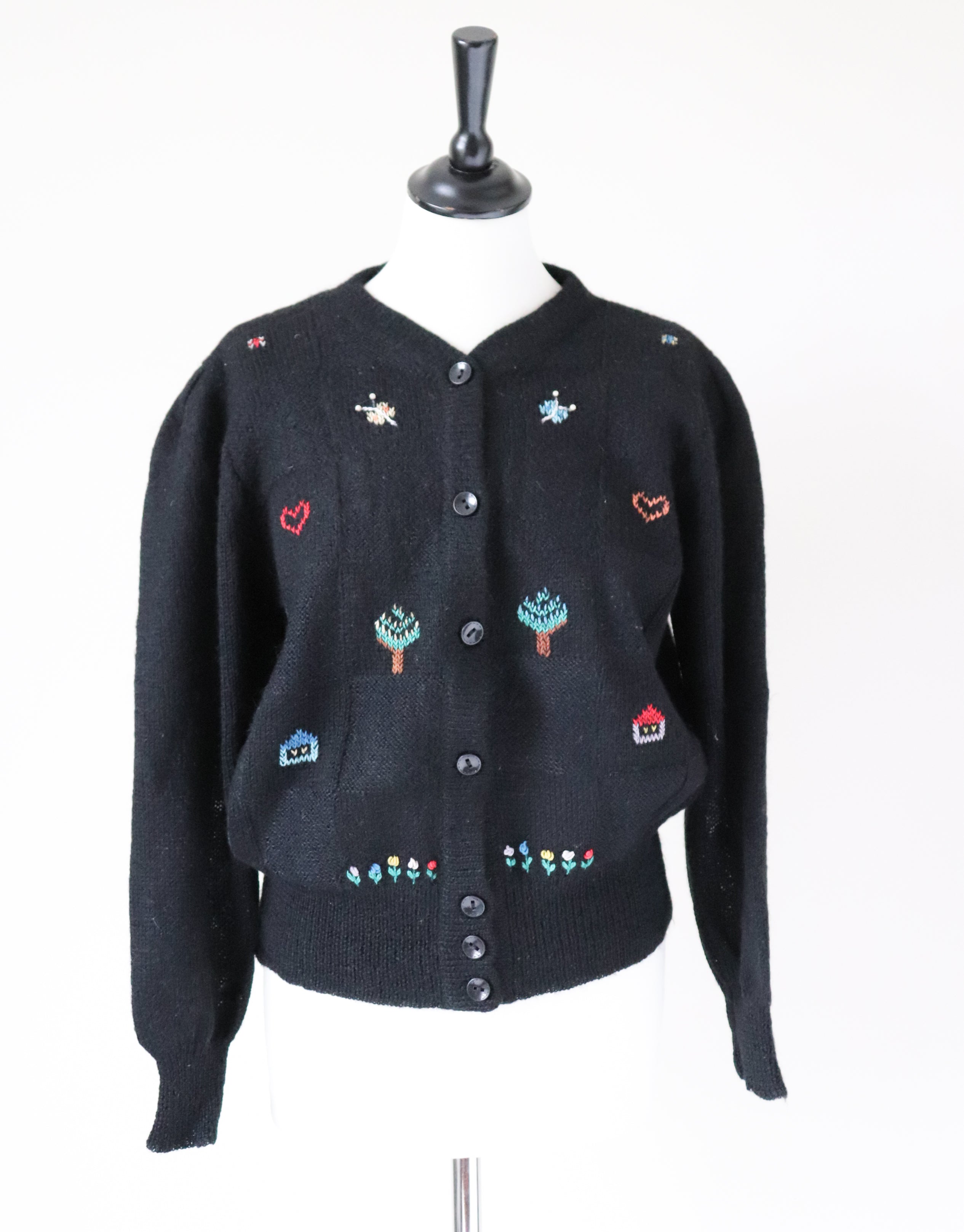 Black Knitted Vintage Cardigan - Wool - Embroidered Tyrol Motifs - UK 10/12