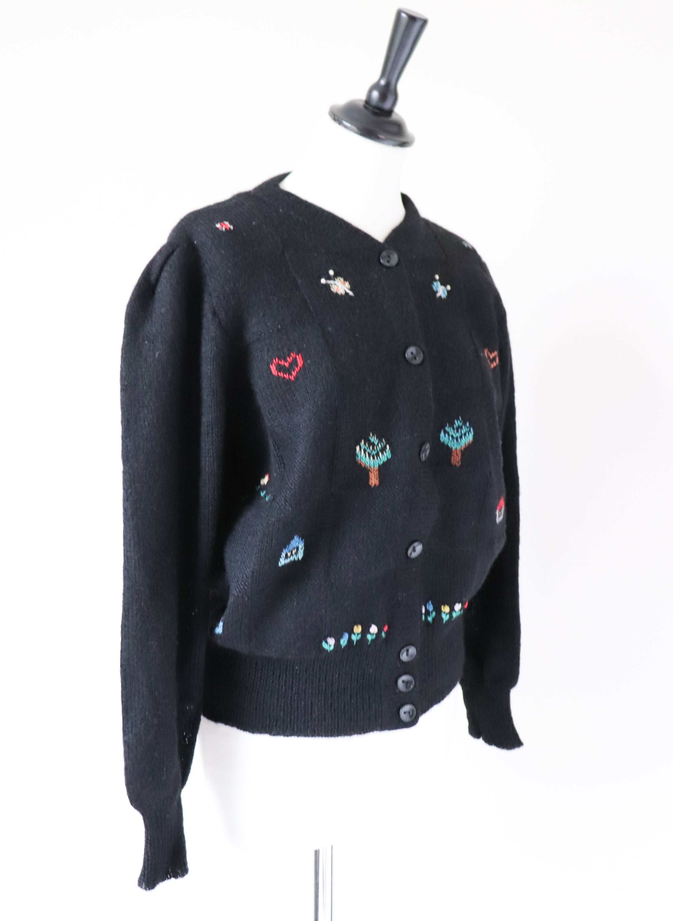 Black Knitted Vintage Cardigan - Wool - Embroidered Tyrol Motifs - UK 10/12