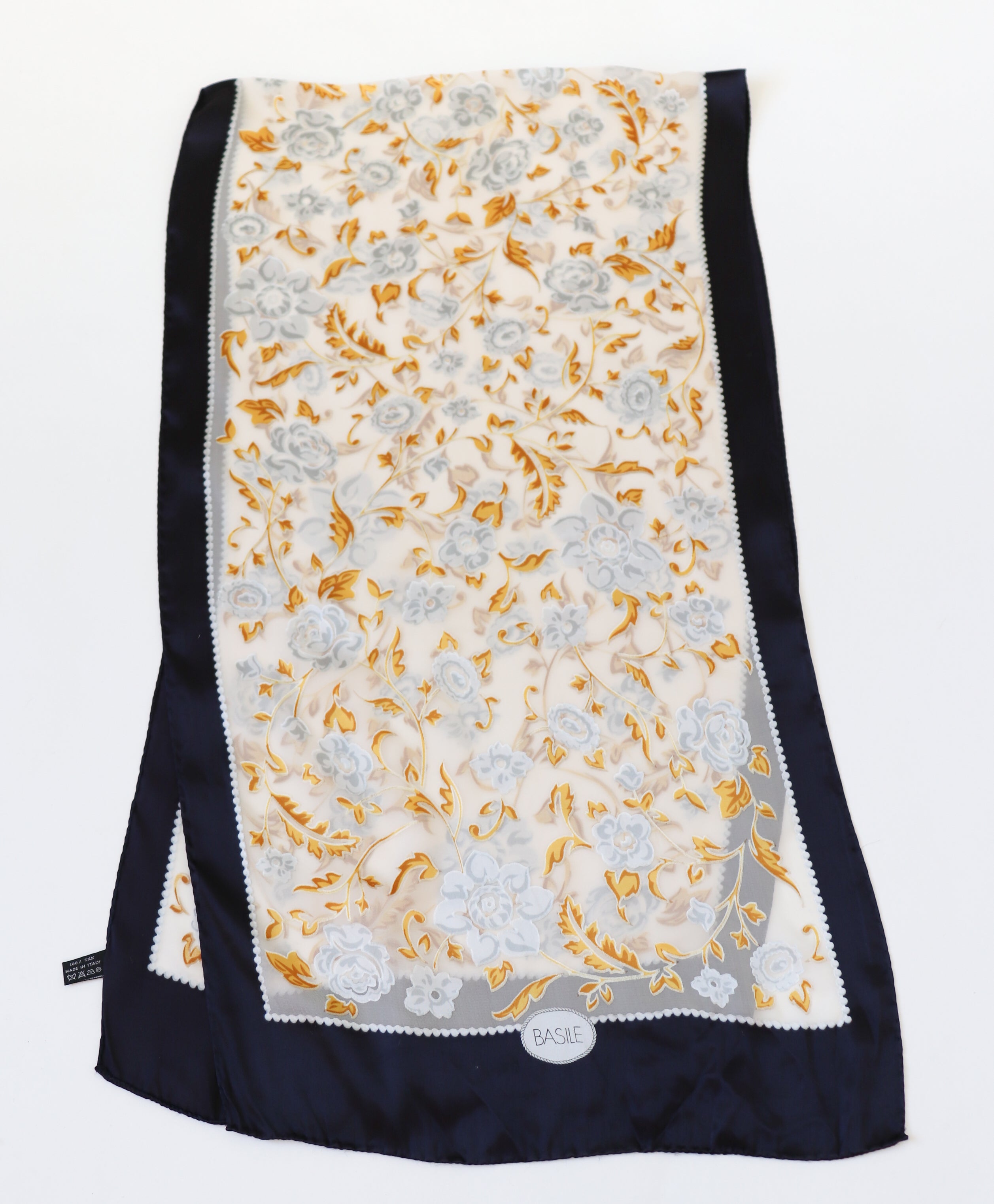 Basile Vintage Silk Scarf - Black / Ivory / Gold - Baroque - LONG