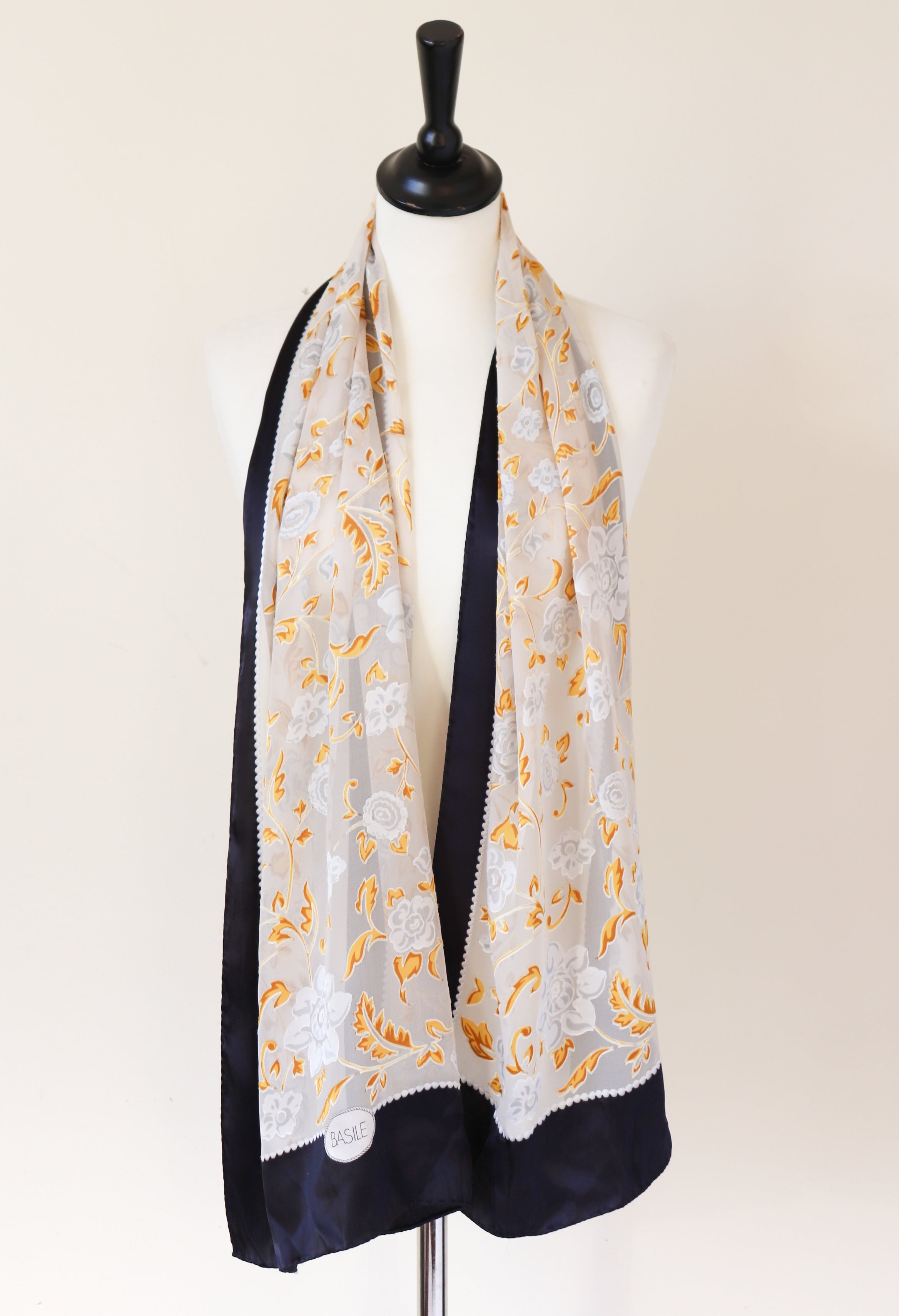 Basile Vintage Silk Scarf - Black / Ivory / Gold - Baroque - LONG