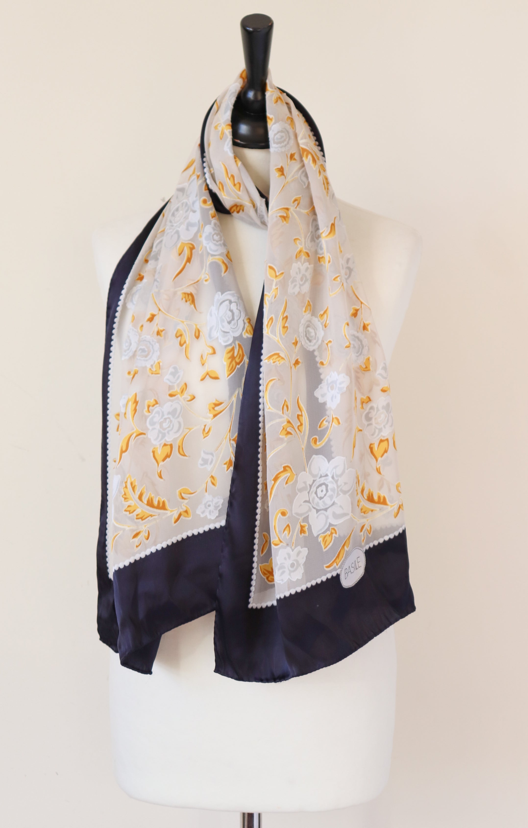 Basile Vintage Silk Scarf - Black / Ivory / Gold - Baroque - LONG