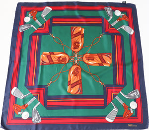 Daks Vintage Silk Scarf - Golf Theme - Green / Red / Blue - Large