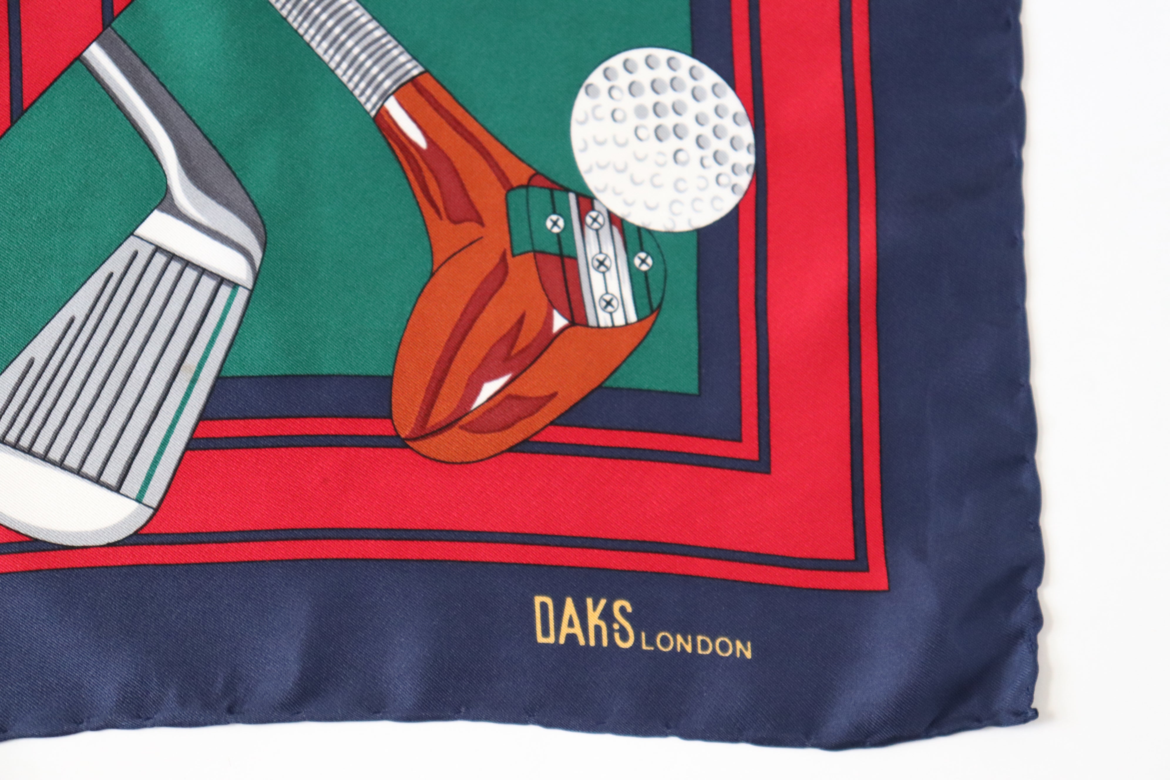 Daks Vintage Silk Scarf - Golf Theme - Green / Red / Blue - Large