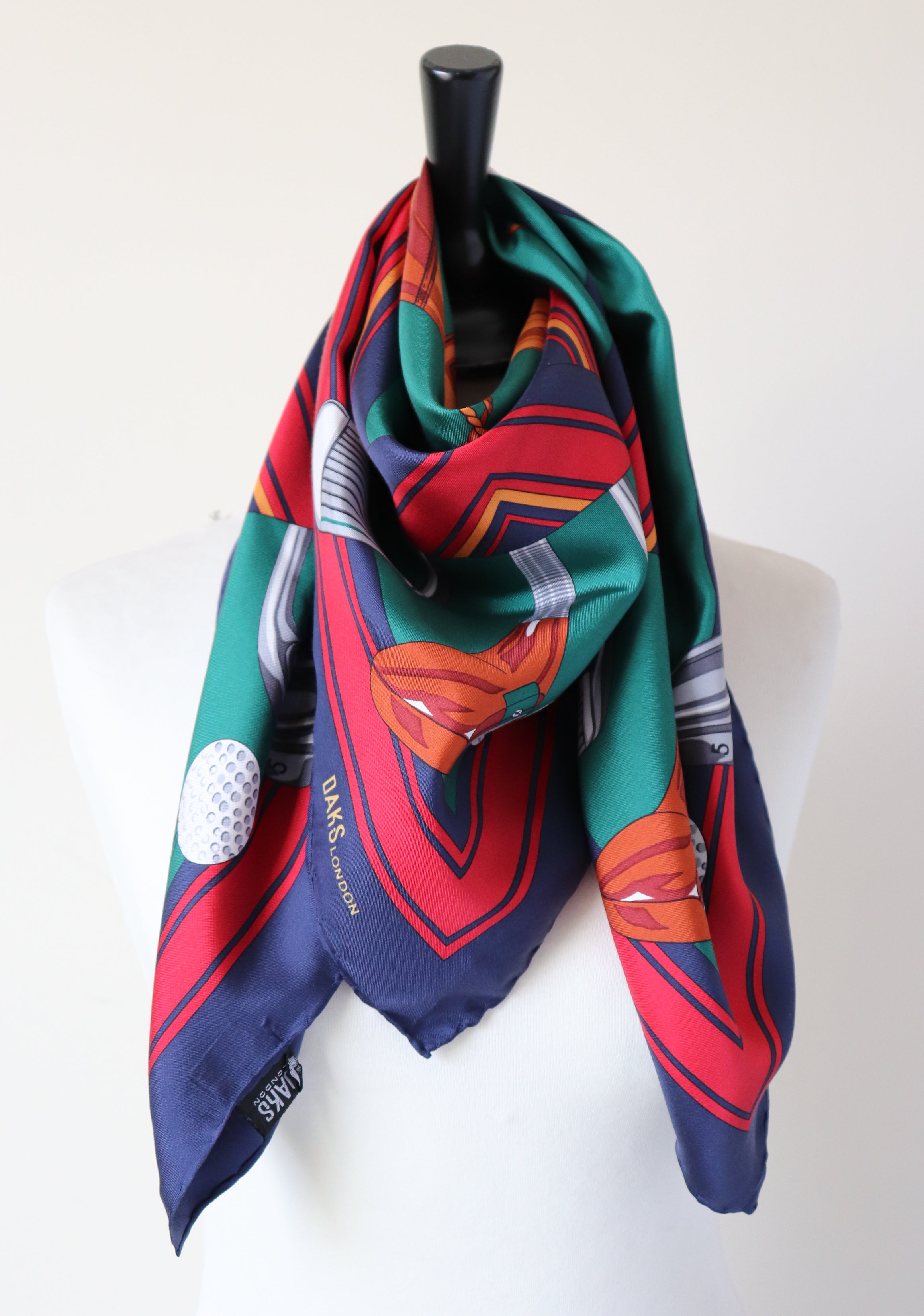 Daks Vintage Silk Scarf - Golf Theme - Green / Red / Blue - Large