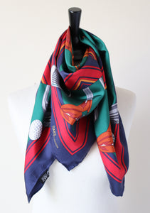 Daks Vintage Silk Scarf - Golf Theme - Green / Red / Blue - Large