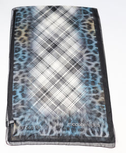 Rocco Barocco Chiffon Silk Scarf - Leopard / Plaid Print - Black / Blue - LARGE