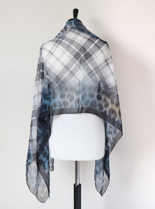 Rocco Barocco Chiffon Silk Scarf - Leopard / Plaid Print - Black / Blue - LARGE