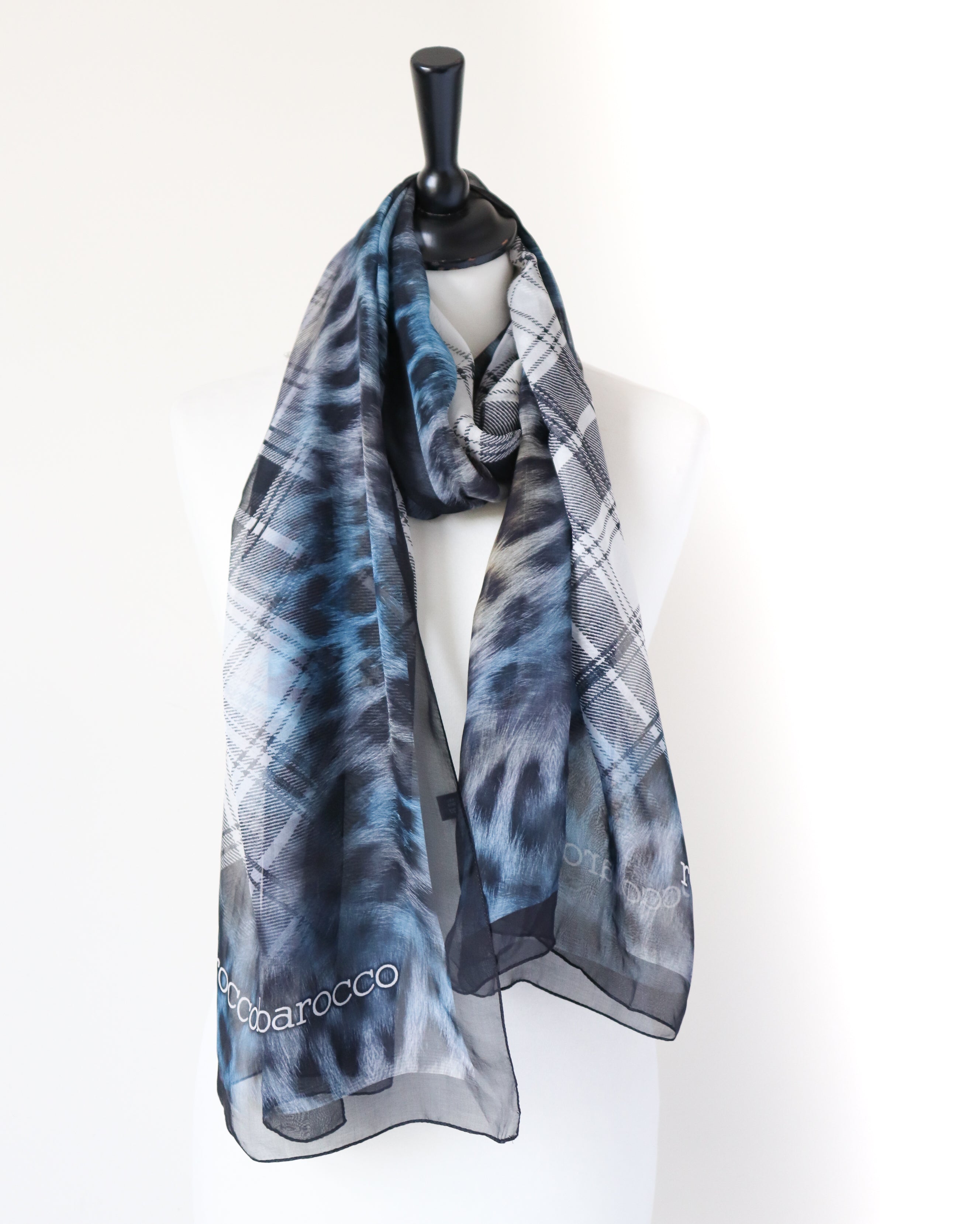 Rocco Barocco Chiffon Silk Scarf - Leopard / Plaid Print - Black / Blue - LARGE