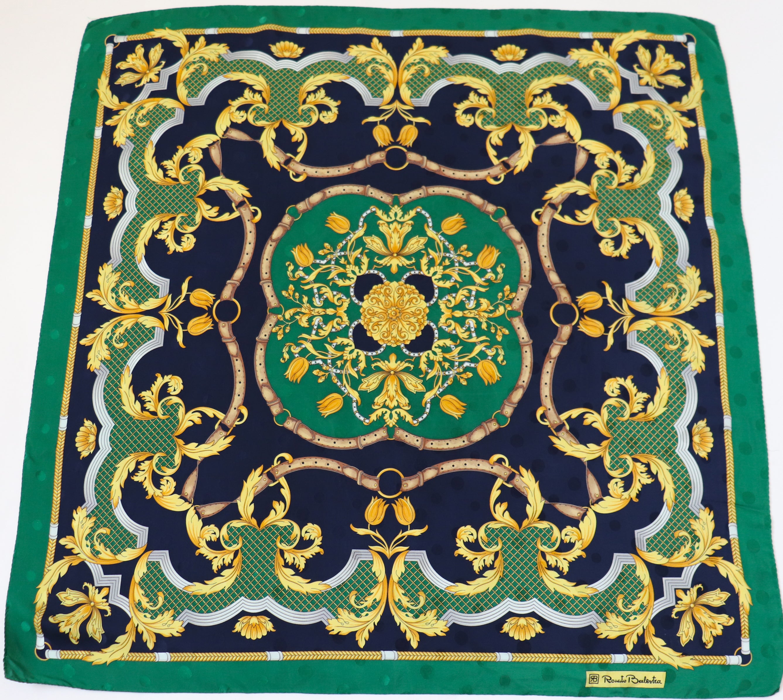 Renato Balestra Vintage Silk Scarf - Green / Blue Baroque Harness Print - LARGE