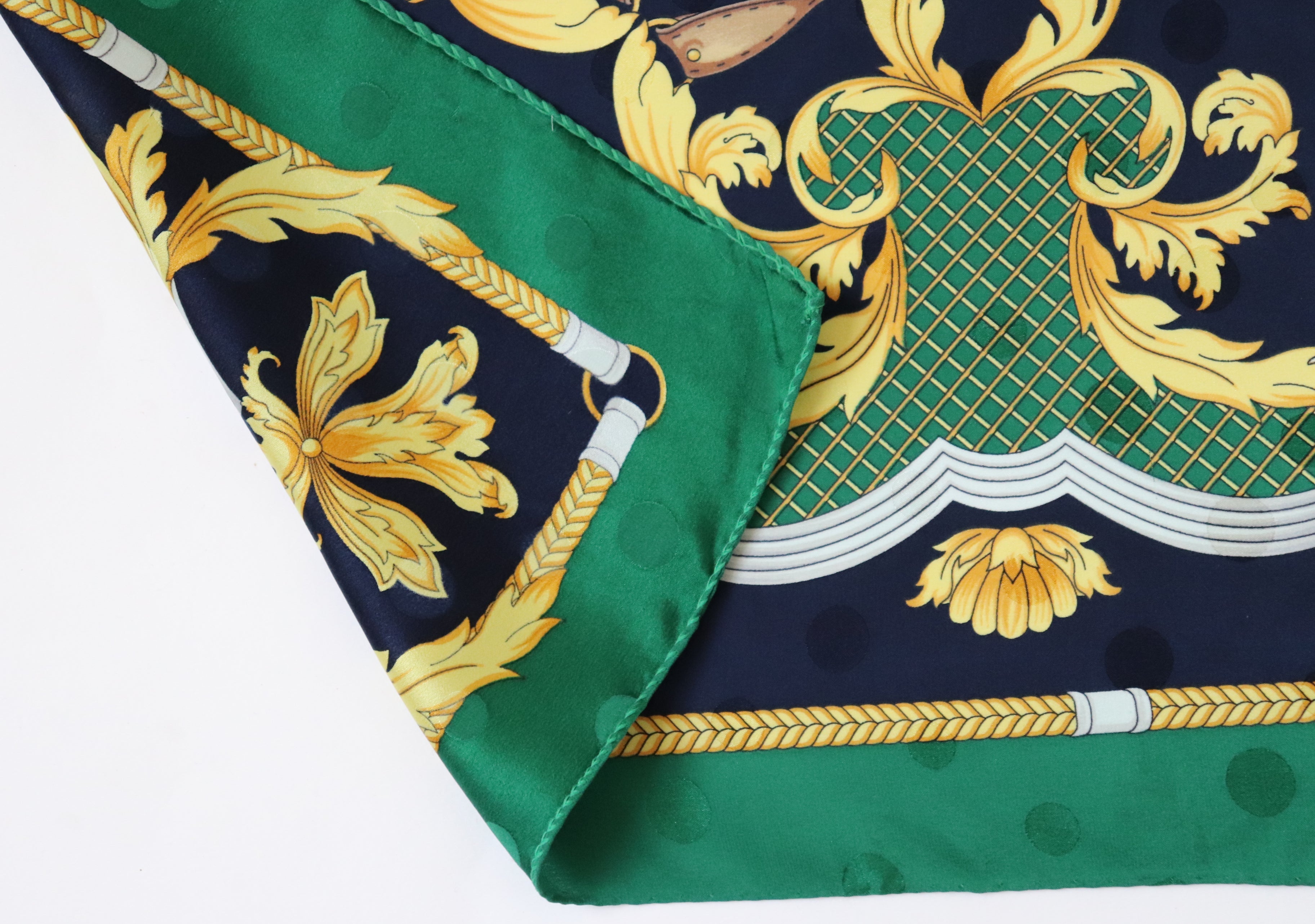 Renato Balestra Vintage Silk Scarf - Green / Blue Baroque Harness Print - LARGE