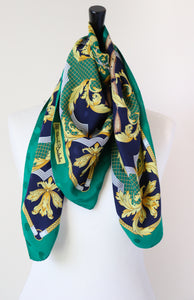 Renato Balestra Vintage Silk Scarf - Green / Blue Baroque Harness Print - LARGE
