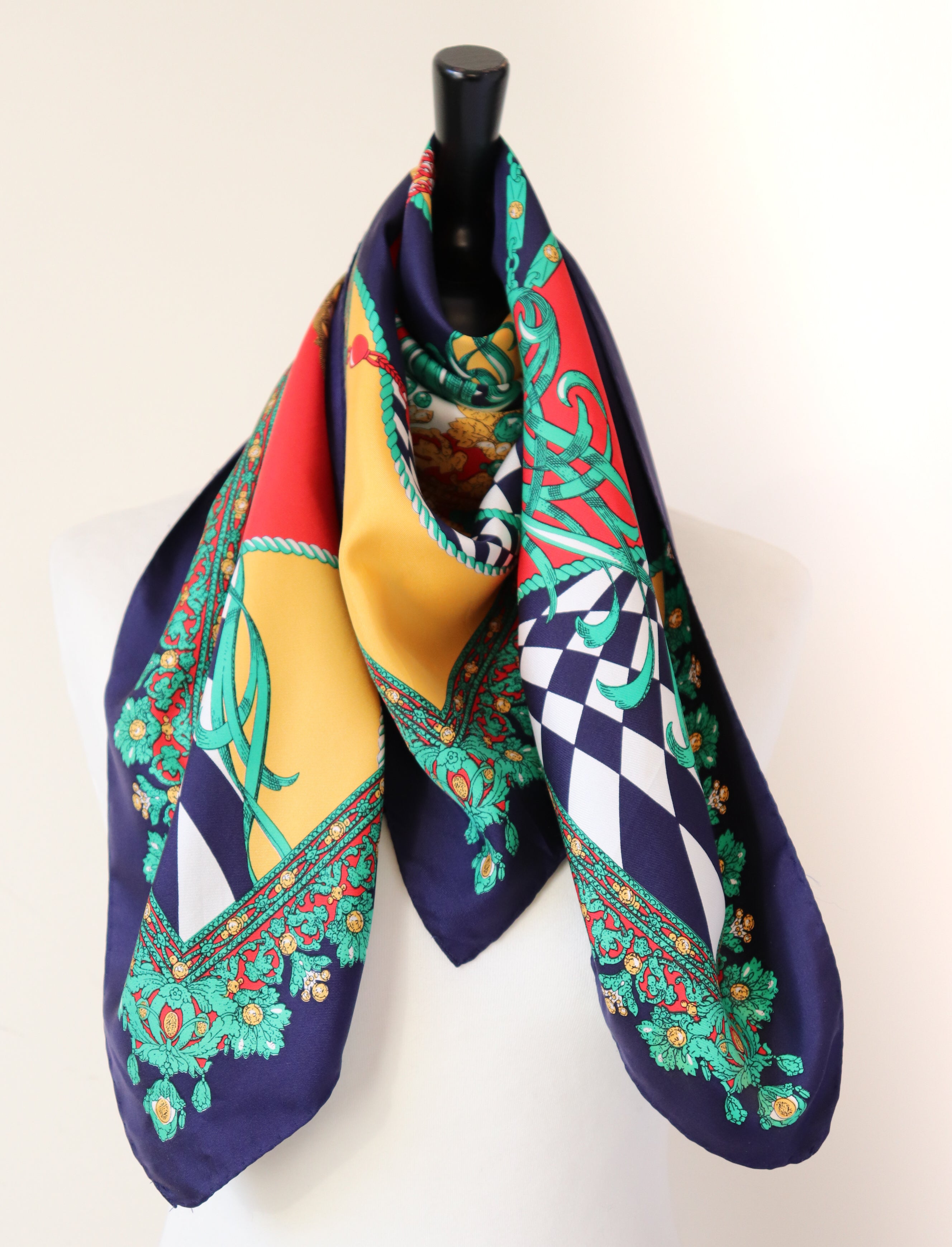Vintage Silk Scarf - 1980s Blue / Yellow / Multicolour Tangle Print - LARGE